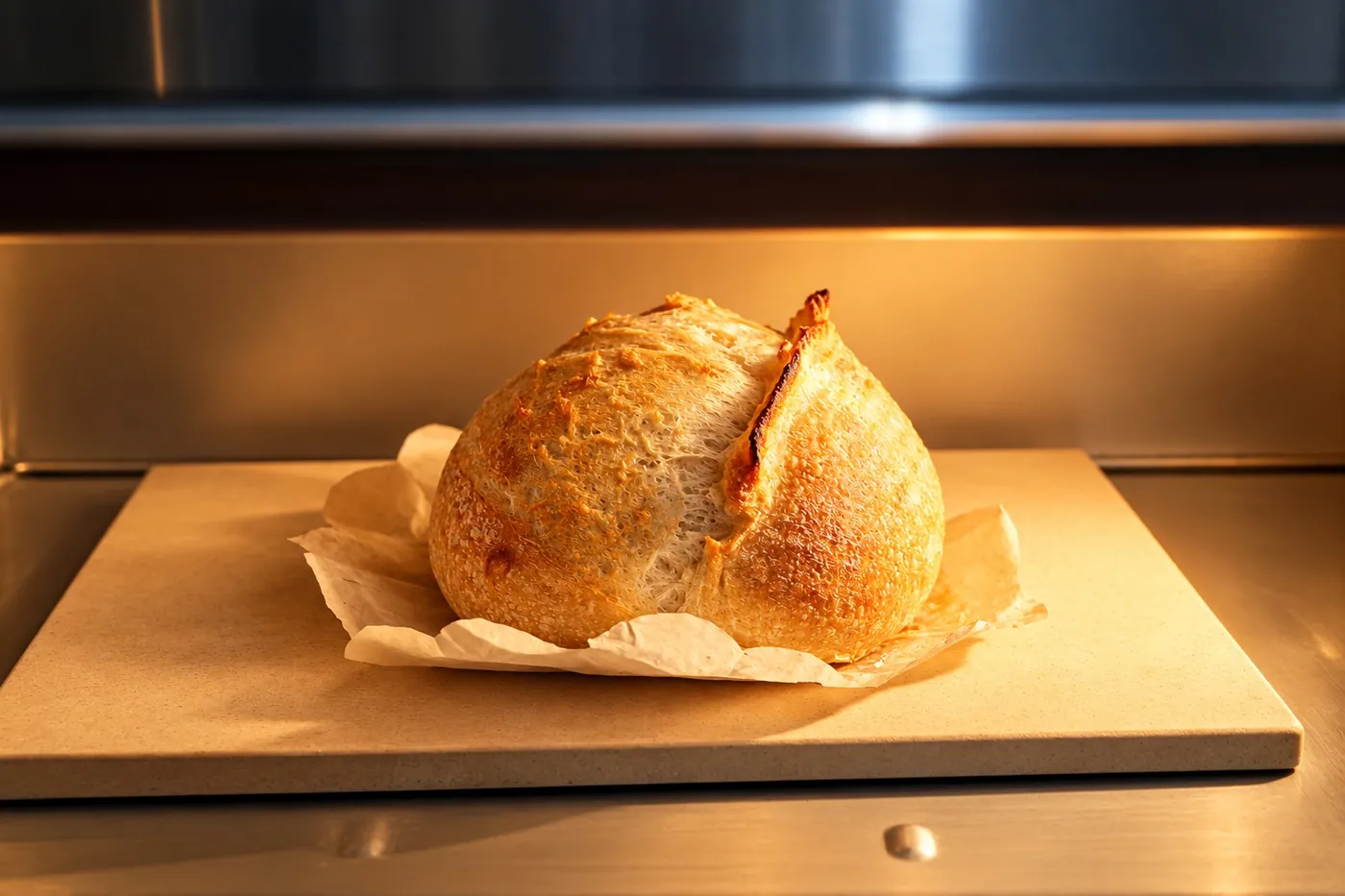 A sourdough loaf on the stone, fresh out of the oven.