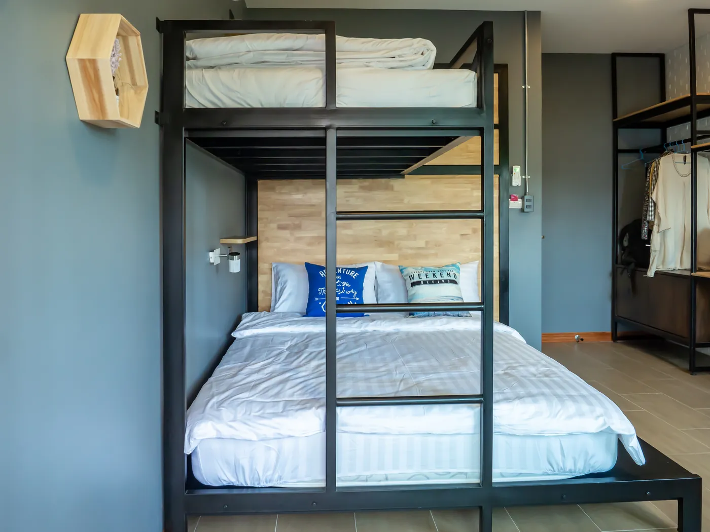 The family room's double bed under the single bunk.